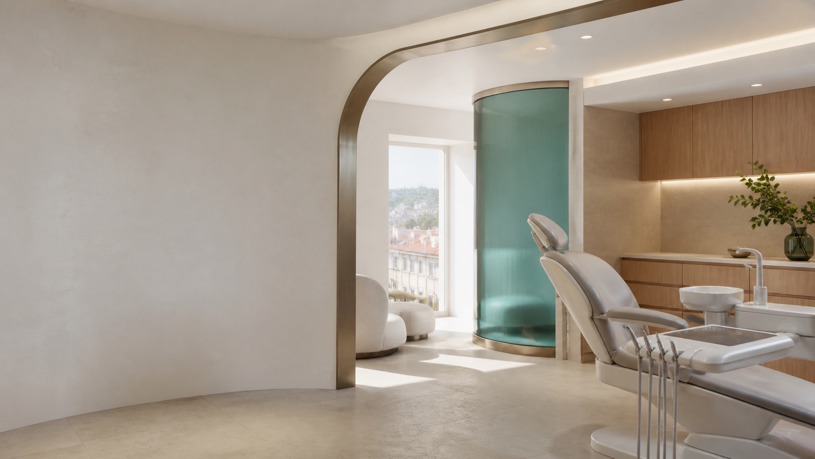 Interior conceptual de uma clínica dentária contemporânea com luz natural em Lisboa
